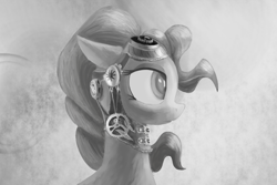 Size: 1500x1000 | Tagged: safe, artist:qweeli, imported from derpibooru, pinkie pie, female, glasses, grayscale, mechanism, monochrome, solo, steam, steampunk