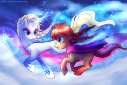 Size: 2048x1365 | Tagged: dead source, safe, artist:jacky-bunny, imported from derpibooru, anna, crossover, elsa, frozen (movie), ponified