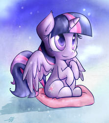 Size: 1600x1800 | Tagged: safe, artist:kyodashiro, imported from derpibooru, twilight sparkle, alicorn, pony, cute, featured image, female, mare, pillow, sitting, smiling, snow, snowfall, solo, spread wings, twiabetes, twilight sparkle (alicorn)