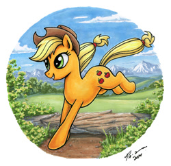 Size: 746x723 | Tagged: safe, artist:choedan-kal, imported from derpibooru, applejack, female, partial background, running, scenery, solo, traditional art