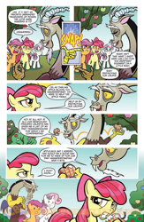 Size: 900x1384 | Tagged: safe, idw, imported from derpibooru, apple bloom, discord, scootaloo, sweetie belle, draconequus, earth pony, pegasus, pony, unicorn, friends forever, spoiler:comic, spoiler:comicff2, apple, comic, cutie mark crusaders, female, filly, finger snap, foal, food, idw advertisement, male, official comic, preview, speech bubble