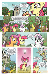 Size: 900x1384 | Tagged: safe, artist:tonyfleecs, idw, imported from derpibooru, apple bloom, discord, scootaloo, sweetie belle, draconequus, earth pony, pegasus, pony, unicorn, friends forever, spoiler:comic, spoiler:comicff2, apple, apple tree, comic, cutie mark crusaders, female, filly, foal, food, idw advertisement, male, official comic, preview, speech bubble, sweetiedumb, tree