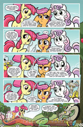 Size: 900x1384 | Tagged: safe, artist:tonyfleecs, idw, imported from derpibooru, apple bloom, discord, scootaloo, sweetie belle, draconequus, earth pony, pegasus, pony, unicorn, friends forever, spoiler:comic, spoiler:comicff2, comic, cutie mark crusaders, female, filly, foal, idw advertisement, male, official comic, preview, speech bubble, sweetiedumb