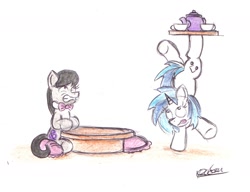 Size: 1750x1341 | Tagged: safe, artist:bobthedalek, imported from derpibooru, dj pon-3, octavia melody, vinyl scratch, pony, balancing, bipedal, cushion, table, teacup, teapot, tray
