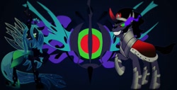 Size: 979x497 | Tagged: safe, imported from derpibooru, king sombra, queen chrysalis, antagonist, clothes, dress, emblem, wallpaper