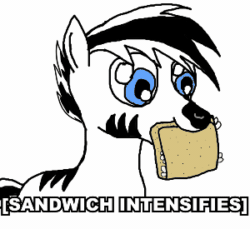 Size: 300x275 | Tagged: safe, artist:doctorspectrum, imported from derpibooru, oc, oc only, oc:zot, zebra, animated, meme, mouth hold, sandwich, seizure warning, solo, x intensifies