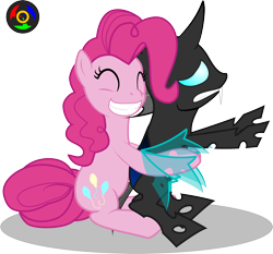 Size: 2433x2271 | Tagged: safe, artist:kyoshyu, imported from derpibooru, doomie, pinkie pie, changeling, earth pony, pony, ^^, crying, doomie pie, eyes closed, fangs, female, frown, grin, gritted teeth, hape, hug, hug from behind, mare, non-consensual cuddling, reaching, simple background, sitting, smiling, squee, transparent background, vector