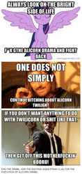 Size: 346x730 | Tagged: safe, imported from derpibooru, twilight sparkle, alicorn, pony, alicorn drama, alicorn drama drama, boromir, collage, drama, female, gettin real tired of your shit, gun, impact font, mare, metadrama, misspelling, monty python, monty python's life of brian, mouthpiece, one does not simply walk into mordor, op is trying too hard, pulp fiction, samuel l jackson, say what again, sean bean, shitposting, twilight sparkle (alicorn), vulgar, war