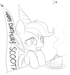 Size: 918x984 | Tagged: safe, artist:mcsadat, imported from derpibooru, scootaloo, alone, birthday, cake, female, happy birthday to me, monochrome, sad, scootalone, solo