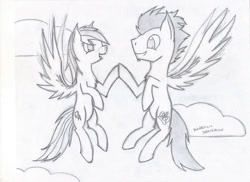 Size: 1024x744 | Tagged: safe, artist:rainbow-deathblow, imported from derpibooru, rainbow dash, soarin', backwards cutie mark, female, male, monochrome, shipping, sketch, soarindash, straight, traditional art