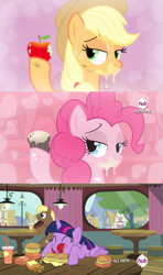 Size: 639x1079 | Tagged: safe, artist:surgicalarts, edit, edited screencap, imported from derpibooru, screencap, applejack, coco crusoe, pinkie pie, twilight sparkle, alicorn, pony, simple ways, twilight time, apple, applejuice meme, bedroom eyes, creamy creamy frosting, eating, eyes closed, female, food, hoof hold, looking at you, mare, safe by show, smiling, that pony sure does love burgers, twilight burgkle, twilight sparkle (alicorn)