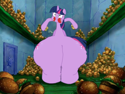 Size: 500x375 | Tagged: safe, imported from derpibooru, twilight sparkle, alicorn, pony, burger, fat, female, food, hamburger, impossibly large butt, impossibly wide hips, inflation, just one bite, ketchup, krabby patty, mare, meme, solo, spongebob squarepants, squidward tentacles, that pony sure does love burgers, thighlight sparkle, this will end in explosions, twilight burgkle, twilight sparkle (alicorn), wide hips