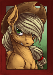 Size: 846x1185 | Tagged: safe, artist:bantha, imported from derpibooru, applejack, female, frame, freckles, out of frame, portrait, shoulder freckles, solo