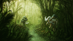 Size: 1920x1080 | Tagged: safe, artist:assasinmonkey, imported from derpibooru, oc, oc only, pony, first contact war, boots, clothes, coat, eerie, forest, jungle, scenery, wallpaper