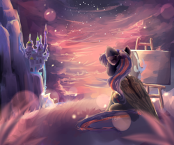 Size: 3000x2500 | Tagged: safe, artist:aquagalaxy, imported from derpibooru, oc, oc only, backlighting, behind, bow, canterlot, cloud, cloudy, painting, plein air, scenery, solo, sunset