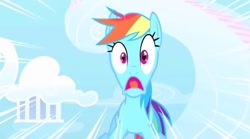 Size: 848x471 | Tagged: safe, imported from derpibooru, screencap, rainbow dash, pegasus, pony, sonic rainboom (episode), cloud, cloudsdale, d:, faic, female, mare, open mouth, panic, scared, screaming, shame, shocked, solo, surprised, tongue out, wide eyes, yelling