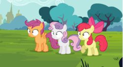 Size: 620x343 | Tagged: safe, imported from derpibooru, screencap, apple bloom, scootaloo, sweetie belle, twilight time, animated, cutie mark crusaders, female, subtitles