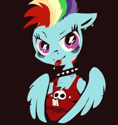 Size: 1208x1280 | Tagged: safe, artist:supernoncutie, imported from derpibooru, rainbow dash, pegasus, pony, alternate hairstyle, black background, bust, chest fluff, choker, clothes, ear piercing, earring, fashion, female, floppy ears, jewelry, looking at you, mohawk, piercing, punk, raspberry, simple background, smiling, solo, spiked choker, tongue out, wingding eyes