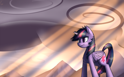 Size: 1920x1200 | Tagged: safe, artist:valcron, imported from derpibooru, twilight sparkle, alicorn, pony, crepuscular rays, female, flowing mane, mare, mountain, solo, twilight sparkle (alicorn), windswept mane