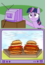 Size: 452x641 | Tagged: safe, imported from derpibooru, twilight sparkle, burger, cheeseburger, exploitable meme, hamburger, meme, obligatory pony, regular show, the ultimeatum, tv meme, twilight burgkle