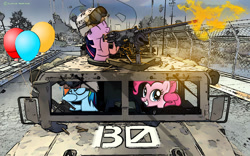 Size: 1680x1050 | Tagged: safe, imported from derpibooru, pinkie pie, rainbow dash, twilight sparkle, balloon, call of duty, call of duty: modern warfare 2, eyes closed, facehoof, grin, gun, helmet, hmmwv, hoof hold, hummer, humvee, machine gun, military, modern warfare 2, rifle, smiling, soldier, squee, weapon