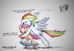 Size: 2602x1790 | Tagged: safe, artist:jcosneverexisted, imported from derpibooru, rainbow dash, scootaloo, pony, annoyed, bipedal, floppy ears, glare, instructions, scooter, spread wings, traditional art, wide eyes, windswept mane