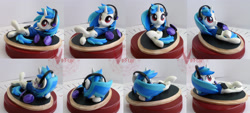 Size: 3282x1490 | Tagged: safe, artist:viistar, imported from derpibooru, dj pon-3, vinyl scratch, pony, clay, clothes, cute, female, figurine, headphones, mare, mp3 player, on back, solo, sweater, vinylbetes