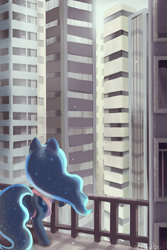 Size: 599x896 | Tagged: safe, artist:mewball, imported from derpibooru, princess luna, balcony, behind, city, clothes, female, shirt, skyscraper, solo