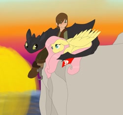 Size: 925x864 | Tagged: safe, artist:scribblesea, imported from derpibooru, fluttershy, human, crossover, dreamworks, hiccup horrendous the third, how to train your dragon, prosthetics, toothless the dragon