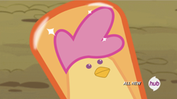 Size: 640x360 | Tagged: safe, edit, edited screencap, imported from derpibooru, screencap, scootaloo, chicken, twilight time, exploitable meme, forced meme, hub logo, meme, scootachicken