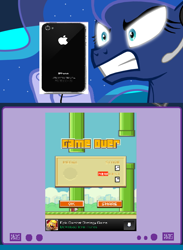 Size: 562x768 | Tagged: safe, imported from derpibooru, princess luna, gamer luna, angry, clash of clans, exploitable meme, flappy bird, iphone, meme, obligatory pony, tv meme