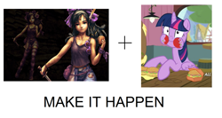 Size: 1477x786 | Tagged: safe, imported from derpibooru, twilight sparkle, alicorn, pony, twilight time, burger, exploitable meme, female, hay burger, la-mulana, make it happen, mare, meme, messy, messy eating, mulbruk, puffy cheeks, twilight burgkle, twilight slobble, twilight sparkle (alicorn)