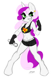 Size: 709x1024 | Tagged: safe, artist:ambris, artist:octavia's lover, imported from derpibooru, sweetie belle, anthro, unguligrade anthro, belly button, black metal, bullet belt, cleavage, clothes, corpse paint, female, metal, metal belle, midriff, skirt, solo, sports bra