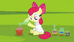 Size: 1280x720 | Tagged: safe, imported from derpibooru, screencap, apple bloom, twilight time, clothes, erlenmeyer flask, female, florence flask, lab coat, safety goggles, solo, test tube