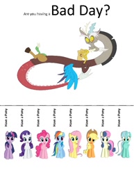 Size: 612x792 | Tagged: safe, imported from derpibooru, applejack, bon bon, discord, fluttershy, lyra heartstrings, pinkie pie, rainbow dash, rarity, twilight sparkle, flyer, mane six