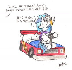 Size: 1506x1468 | Tagged: safe, artist:bobthedalek, imported from derpibooru, dj pon-3, vinyl scratch, pony, unicorn, backwards cutie mark, bed, clothes, female, goggles, race car bed, racecar, scarf, solo