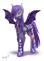 Size: 1300x1812 | Tagged: safe, artist:amy30535, imported from derpibooru, oc, oc only, oc:midnight flow, bat pony, pony, armor, hair over one eye, night guard, solo
