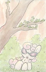 Size: 681x1077 | Tagged: safe, artist:slightlyshade, imported from derpibooru, sweetie belle, bird, female, solo, traditional art, tree
