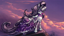 Size: 5760x3240 | Tagged: safe, artist:viwrastupr, imported from derpibooru, octavia melody, clothes, cloud, cloudy, costume porn, dress, ear fluff, female, open mouth, singing, sky, solo, windswept mane
