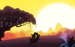 Size: 1600x1000 | Tagged: safe, artist:knighty, imported from derpibooru, big macintosh, fluttershy, pinkie pie, rainbow dash, earth pony, pony, fluttermac, male, shipping, silhouette, spying, stallion, straight, sunset