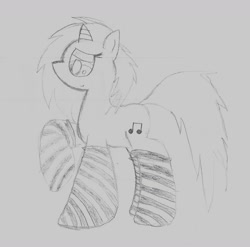 Size: 1362x1343 | Tagged: safe, artist:mewzy, imported from derpibooru, dj pon-3, vinyl scratch, clothes, female, monochrome, sketch, socks, solo, striped socks, traditional art