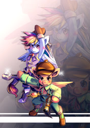Size: 989x1400 | Tagged: safe, artist:bakki, imported from derpibooru, rainbow dash, oc, oc:sunset sprint, commission, dark chronicle, dark cloud 2, max, maximilian (dark chronicle), monica raybrandt, sword