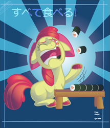 Size: 763x887 | Tagged: safe, artist:php154, artist:trojan-pony, imported from derpibooru, apple bloom, earth pony, pony, female, filly, foal, japanese, ponies eating meat, ponies eating seafood, solo, sushi