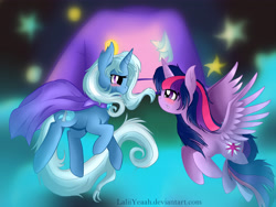 Size: 4896x3672 | Tagged: safe, artist:laliiyeaah, imported from derpibooru, trixie, twilight sparkle, alicorn, pony, blushing, female, flying, lesbian, mare, shipping, smiling, twilight sparkle (alicorn), twixie