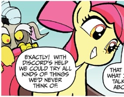 Size: 597x469 | Tagged: safe, artist:tonyfleecs, idw, imported from derpibooru, apple bloom, discord, draconequus, earth pony, pony, friends forever, spoiler:comic, spoiler:comicff2, cropped, female, filly, foal, male, official comic, speech bubble