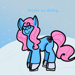 Size: 500x500 | Tagged: safe, artist:sadyuri, imported from derpibooru, oc, oc only, oc:florissa, earth pony, ask florissa, ask, earth pony oc, eyes closed, female, ice skates, mare, solo, tumblr, winter