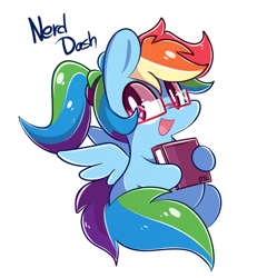 Size: 930x970 | Tagged: safe, artist:php56, imported from derpibooru, rainbow dash, pegasus, pony, adorkable, alternate hairstyle, book, chibi, cute, dashabetes, dork, egghead, female, glasses, looking at you, mare, meganekko, nerd pony, open mouth, ponytail, rainbow dork, simple background, smiling, solo, white background