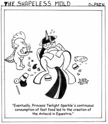 Size: 522x600 | Tagged: safe, artist:drpain, imported from derpibooru, spike, twilight sparkle, alicorn, pony, twilight time, bloated, comic strip, fast food, fat, female, food baby, mare, monochrome, stuffed, that pony sure does love burgers, the shapeless mold, twilard sparkle, twilight burgkle, twilight sparkle (alicorn)
