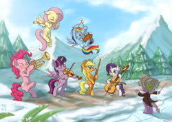Size: 3508x2480 | Tagged: safe, artist:mrs1989, imported from derpibooru, applejack, fluttershy, pinkie pie, rainbow dash, rarity, spike, twilight sparkle, alicorn, pony, band, bassoon, bipedal, cello, concert, drums, female, flute, mane seven, mane six, mare, music, musical instrument, orchestra, scenery, snow, tree, trumpet, twilight sparkle (alicorn), violin, wig