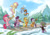 Size: 3508x2480 | Tagged: safe, artist:mrs1989, imported from derpibooru, applejack, fluttershy, pinkie pie, rainbow dash, rarity, spike, twilight sparkle, alicorn, pony, band, bassoon, bipedal, cello, concert, drums, female, flute, mane seven, mane six, mare, music, musical instrument, orchestra, scenery, snow, tree, trumpet, twilight sparkle (alicorn), violin, wig